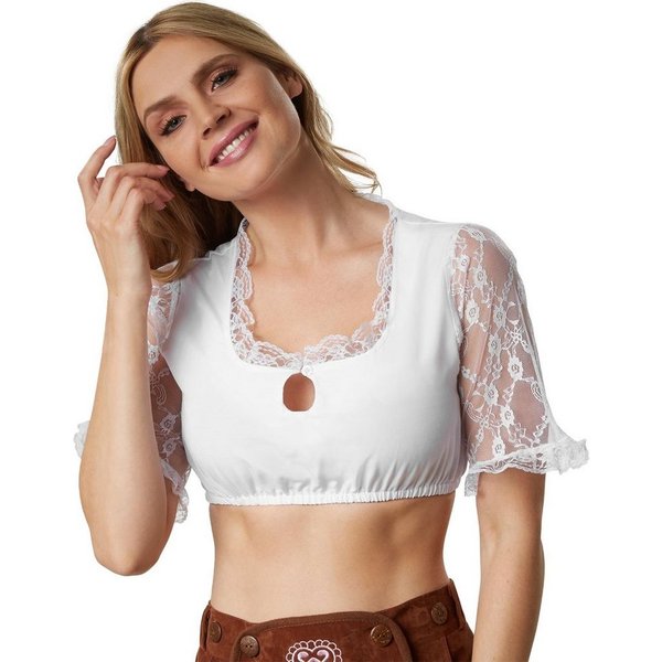 dressforfun Trachtenbluse Verspielte, kurzärmelige Dirndlbluse, leicht und angenehm zu tragen (Frauentracht Fanni, in weiß) Knöpfbarer Tropfen-Ausschnitt, flora