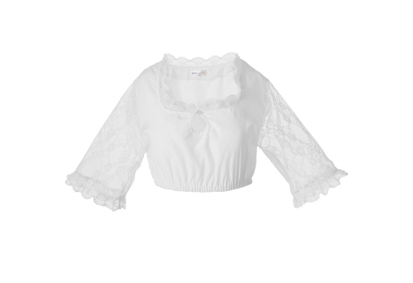 dressforfun Trachtenbluse Verspielte, kurzärmelige Dirndlbluse, leicht und angenehm zu tragen (Frauentracht Fanni, in weiß) Knöpfbarer Tropfen-Ausschnitt, flora – Bild 2 von 5