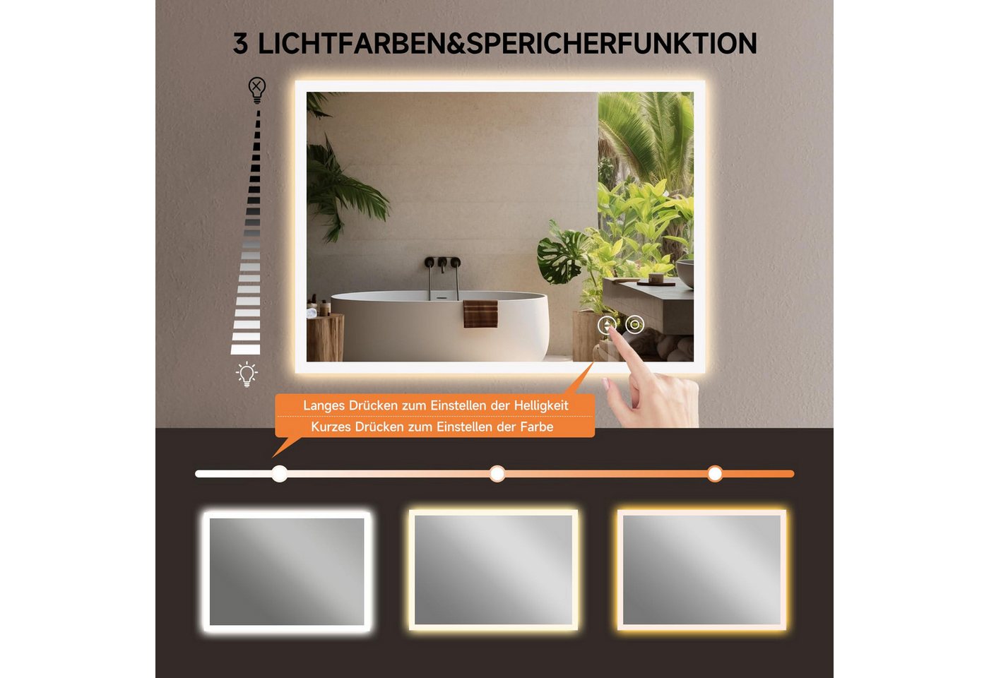 Dripex Badspiegel Badspiegel mit LED-Licht und Touchschalter, Warm/Kalt/Neutral-Licht – Bild 2 von 5