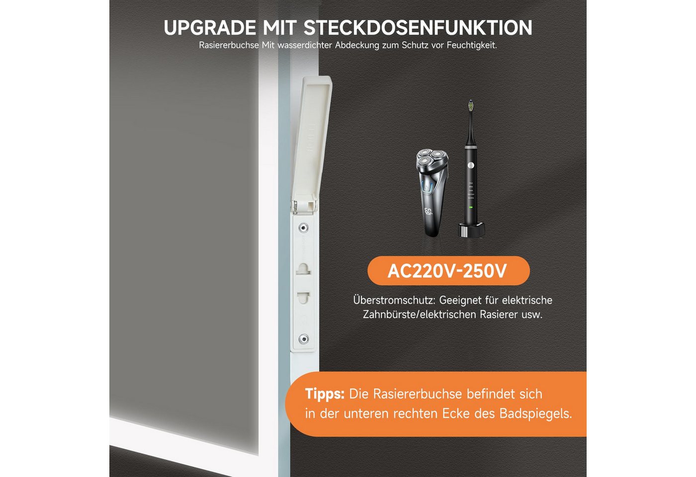 Dripex Badspiegel Badspiegel mit LED-Licht und Touchschalter, Warm/Kalt/Neutral-Licht – Bild 4 von 5