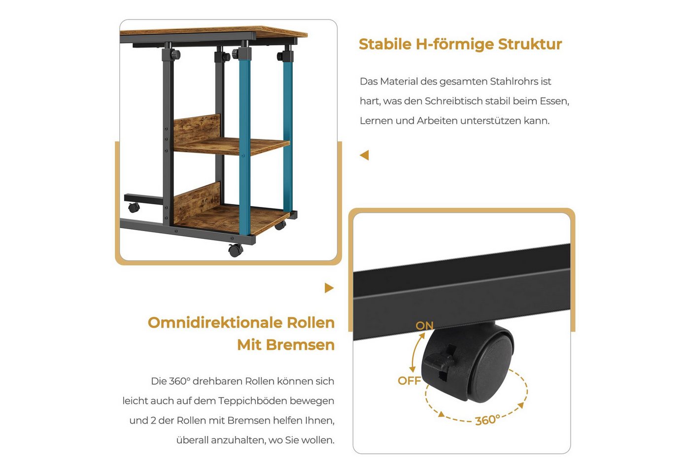Dripex Beistelltisch Schreibtisch mit Rollen Computertisch Höhenverstellbar Laptoptisch – Bild 4 von 5