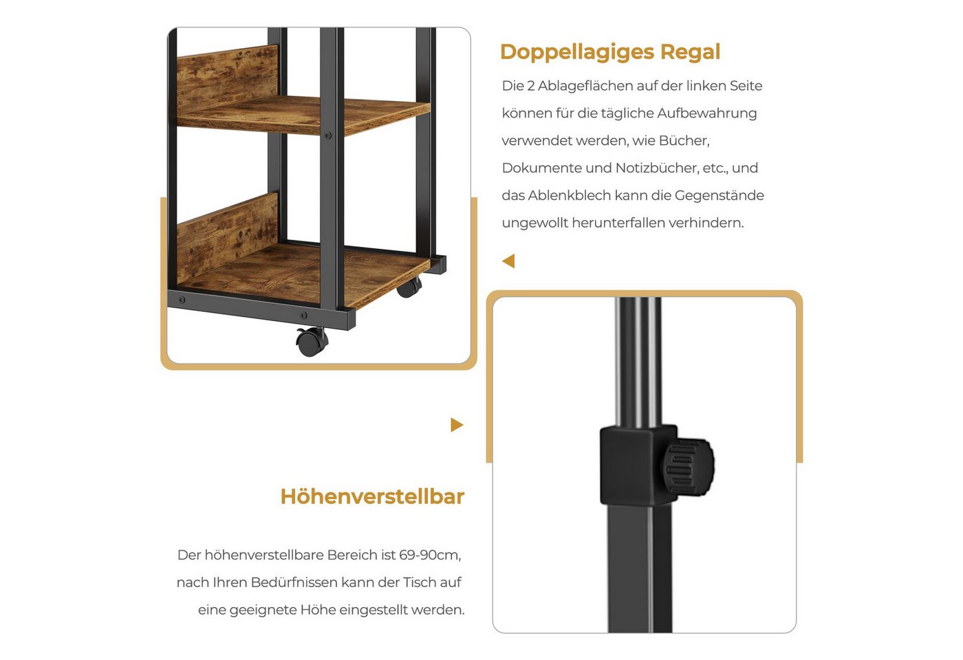 Dripex Beistelltisch Schreibtisch mit Rollen Computertisch Höhenverstellbar Laptoptisch – Bild 5 von 5