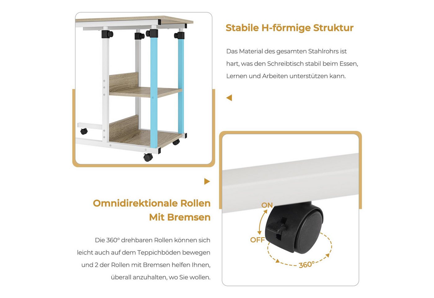 Dripex Beistelltisch Schreibtisch mit Rollen Computertisch Höhenverstellbar Laptoptisch – Bild 4 von 5