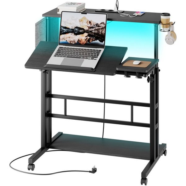 Dripex Computertisch Höhenverstellbarer Stehpult mit Steckdosen und LED Licht, 80x60cm, Schwarz