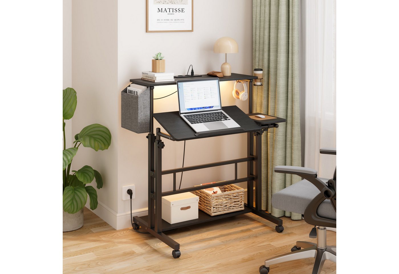 Dripex Computertisch Höhenverstellbarer Stehpult mit Steckdosen und LED Licht, 80x60cm, Schwarz – Bild 2 von 5