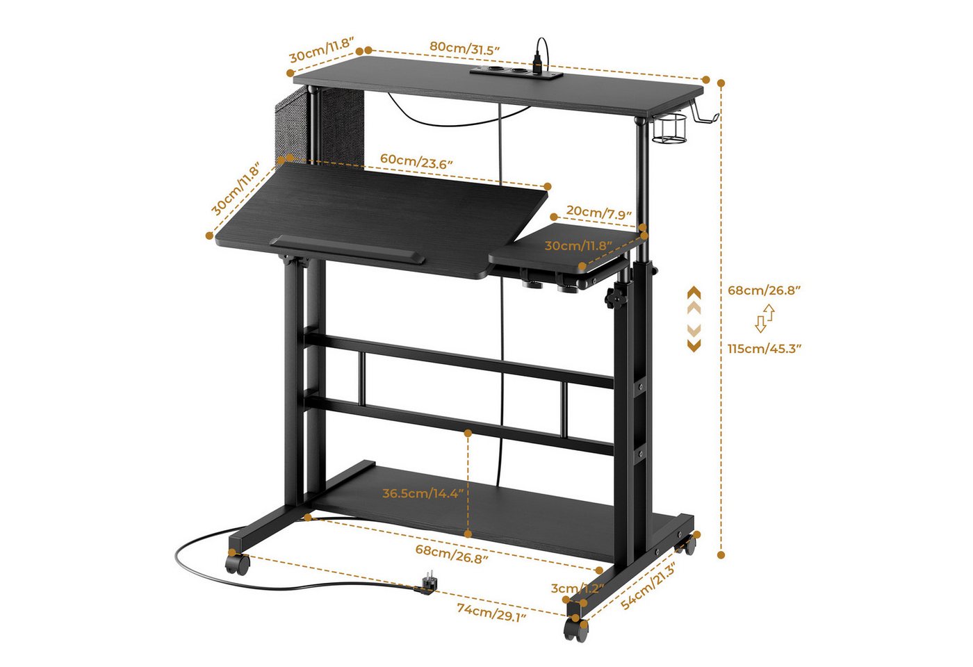 Dripex Computertisch Höhenverstellbarer Stehpult mit Steckdosen und LED Licht, 80x60cm, Schwarz – Bild 5 von 5