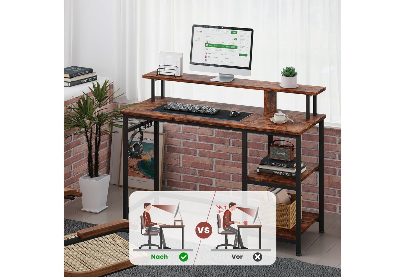 Dripex Computertisch Schreibtisch Computertisch mit Monitorständer und Abnehmbarem Regal – Bild 4 von 5