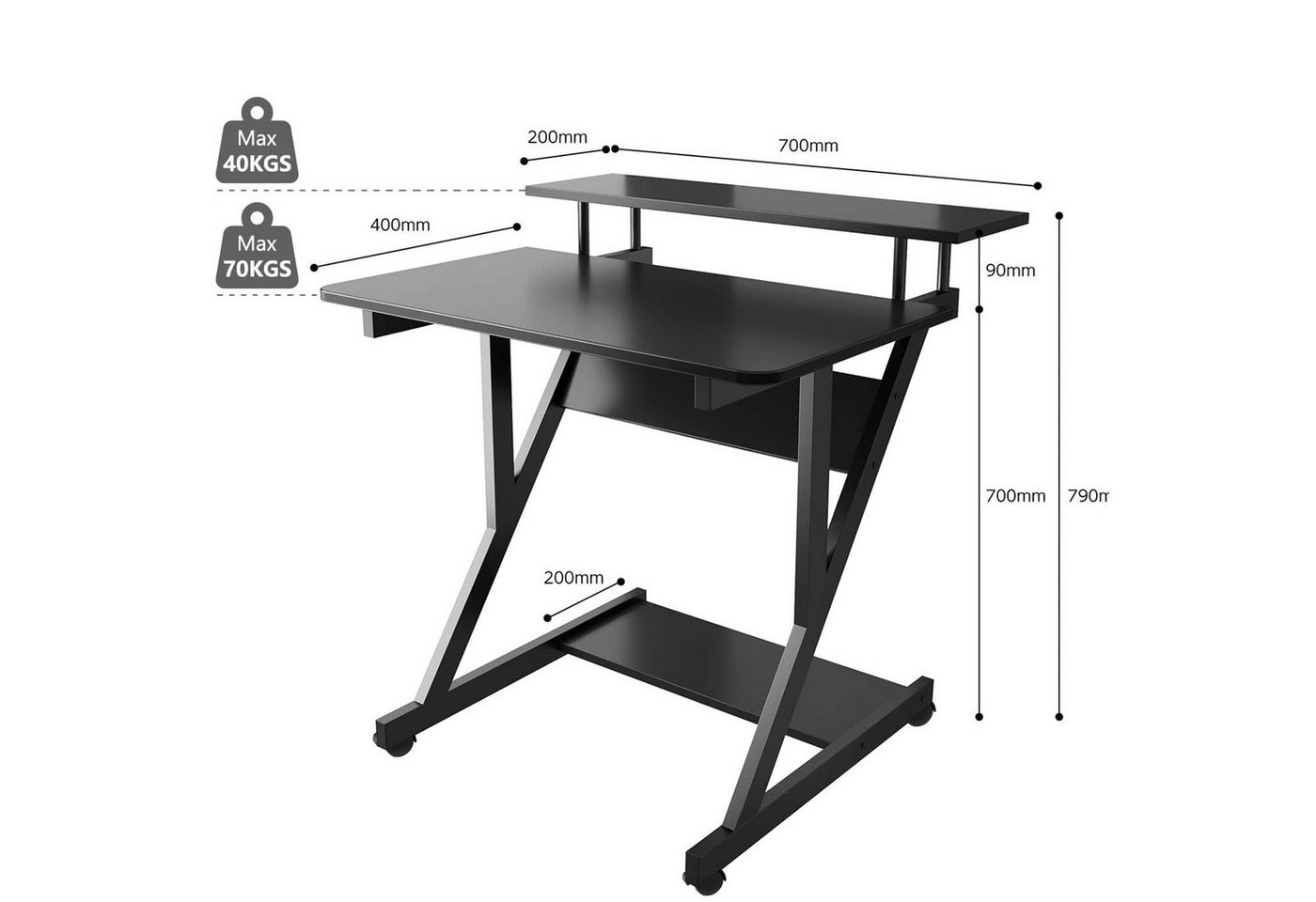 Dripex Computertisch Schreibtisch mit Rollen Z-förmiger Arbeitstisch Beistelltisch – Bild 2 von 5