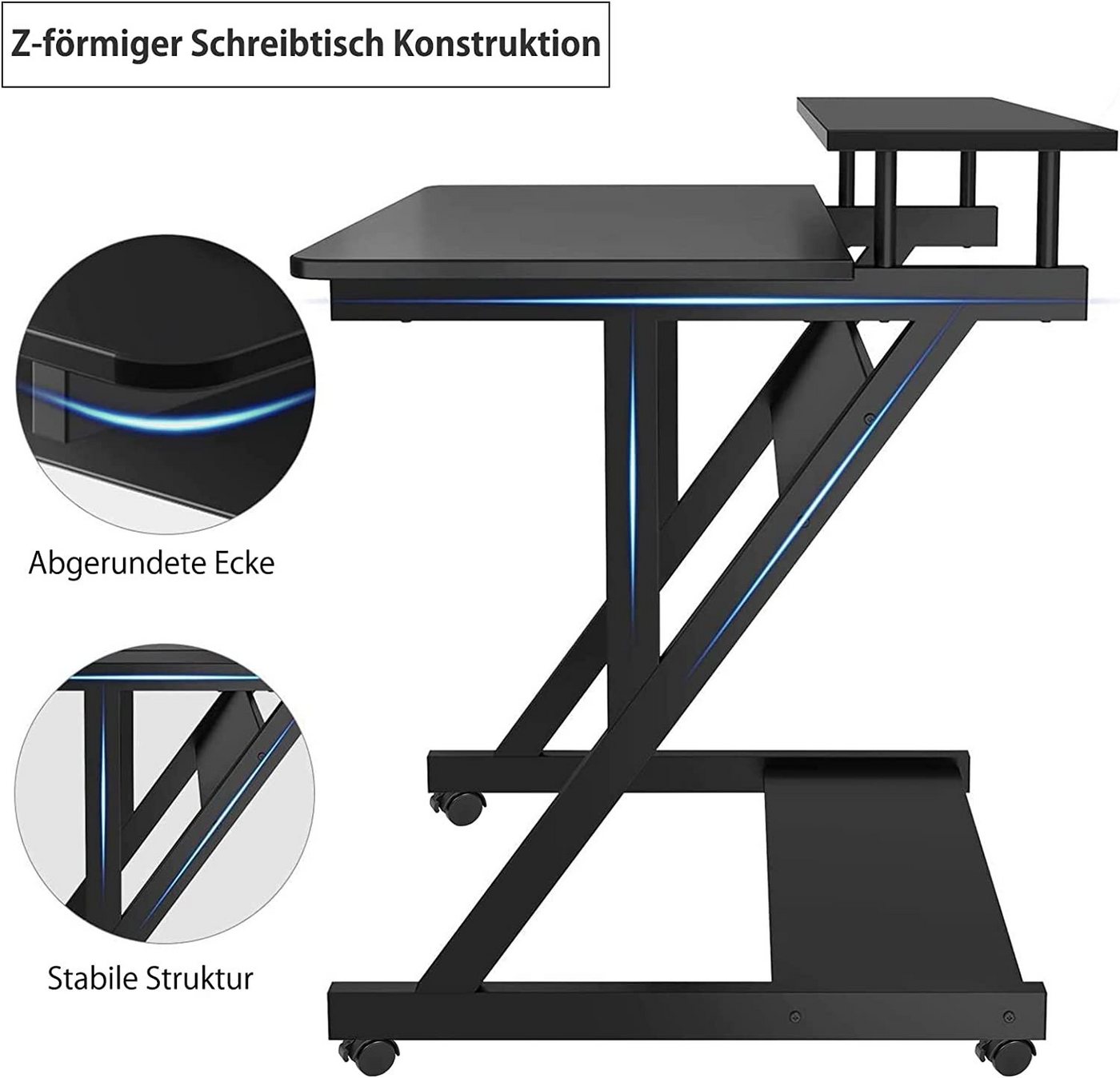 Dripex Computertisch Schreibtisch mit Rollen Z-förmiger Arbeitstisch Beistelltisch – Bild 3 von 5