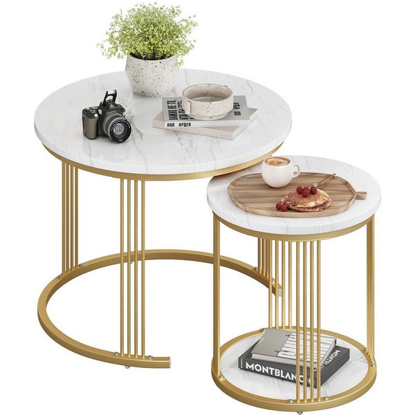 Dripex Couchtisch Couchtisch Set 2er rund, Marmor-Metall, Nesting mit Stauraum, Weiß