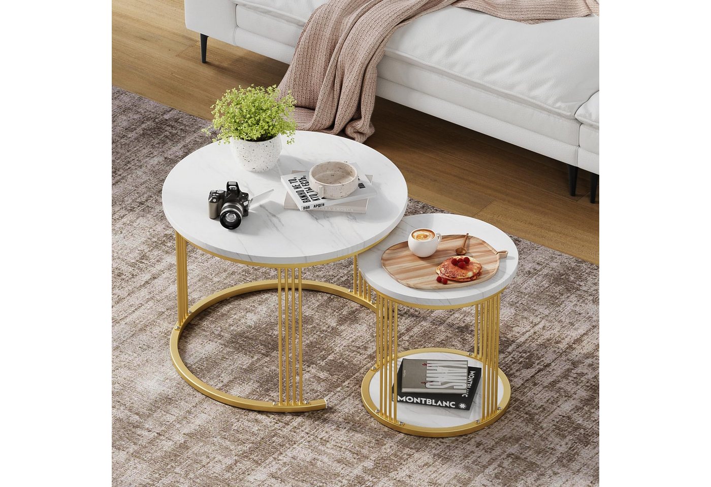 Dripex Couchtisch Couchtisch Set 2er rund, Marmor-Metall, Nesting mit Stauraum, Weiß – Bild 2 von 5