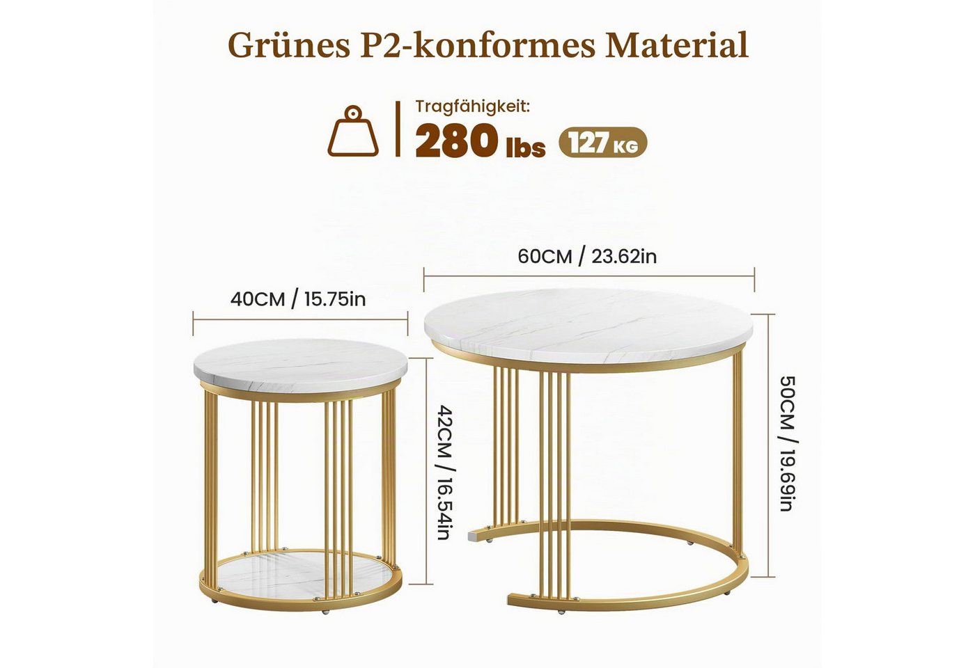 Dripex Couchtisch Couchtisch Set 2er rund, Marmor-Metall, Nesting mit Stauraum, Weiß – Bild 3 von 5
