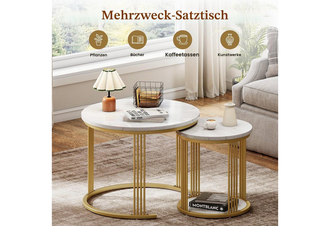Dripex Couchtisch Couchtisch Set 2er rund, Marmor-Metall, Nesting mit Stauraum, Weiß – Bild 4 von 5