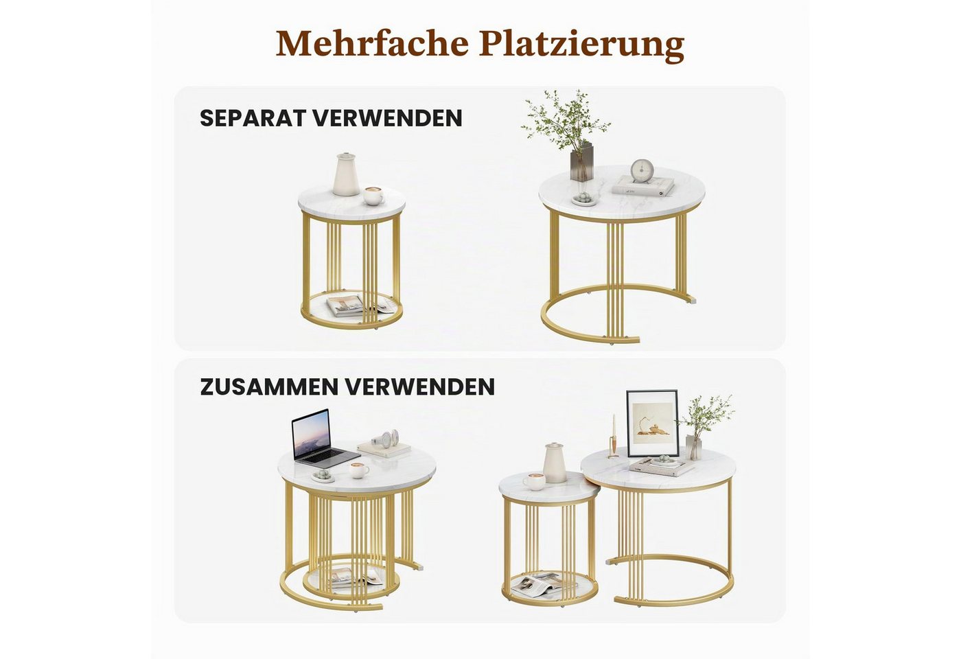Dripex Couchtisch Couchtisch Set 2er rund, Marmor-Metall, Nesting mit Stauraum, Weiß – Bild 5 von 5