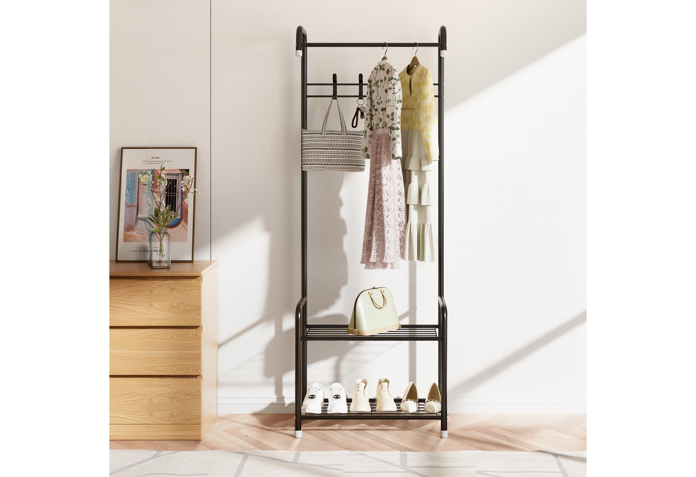 Dripex Kleiderständer Garderobenständer Kleiderstange mit Ablagen und Schuhregal, 4 Haken – Bild 3 von 5