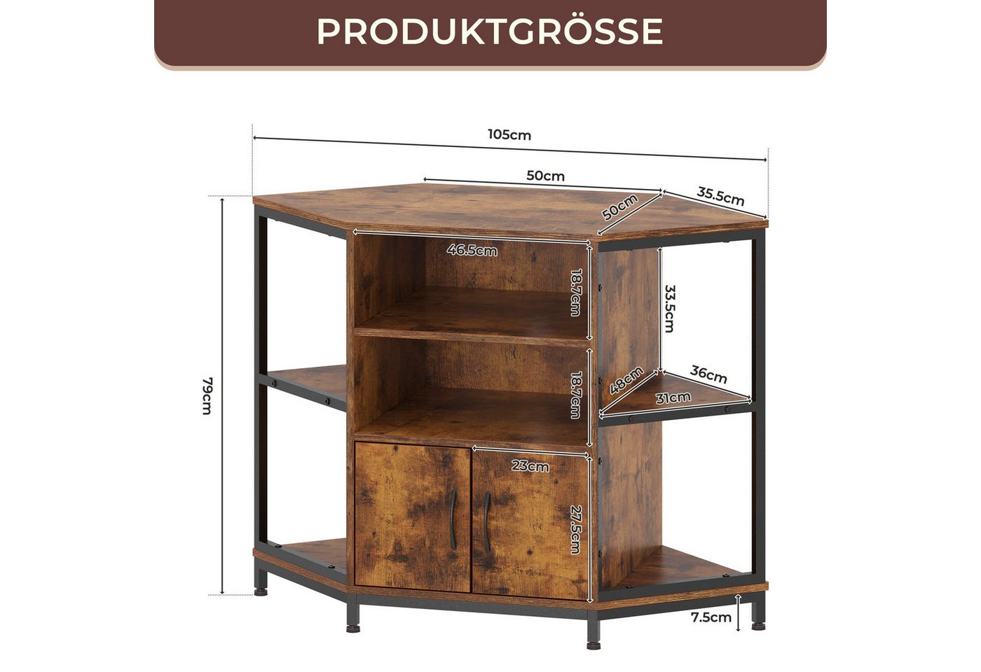 Dripex Lowboard TV Eckschrank mit LED, Industriedesign, 105x50x79 cm, Vintage Braun – Bild 2 von 5