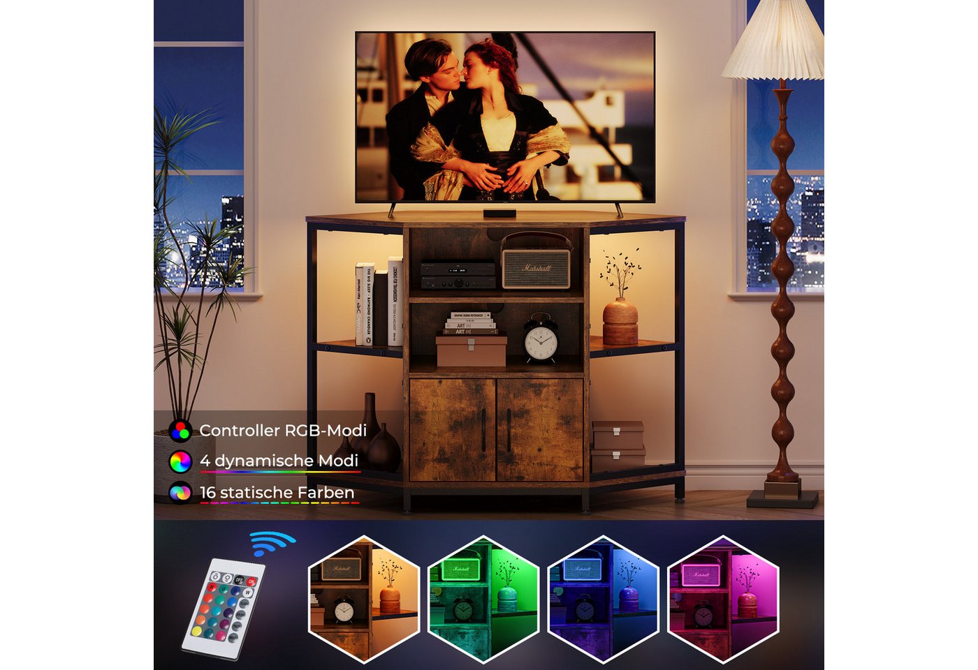 Dripex Lowboard TV Eckschrank mit LED, Industriedesign, 105x50x79 cm, Vintage Braun – Bild 3 von 5