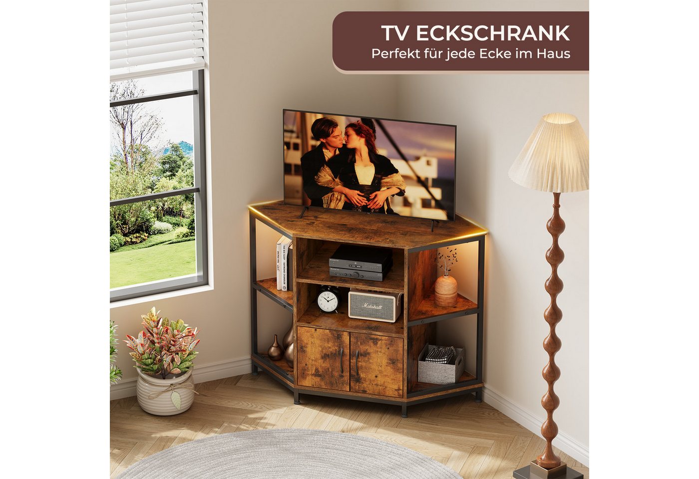 Dripex Lowboard TV Eckschrank mit LED, Industriedesign, 105x50x79 cm, Vintage Braun – Bild 5 von 5