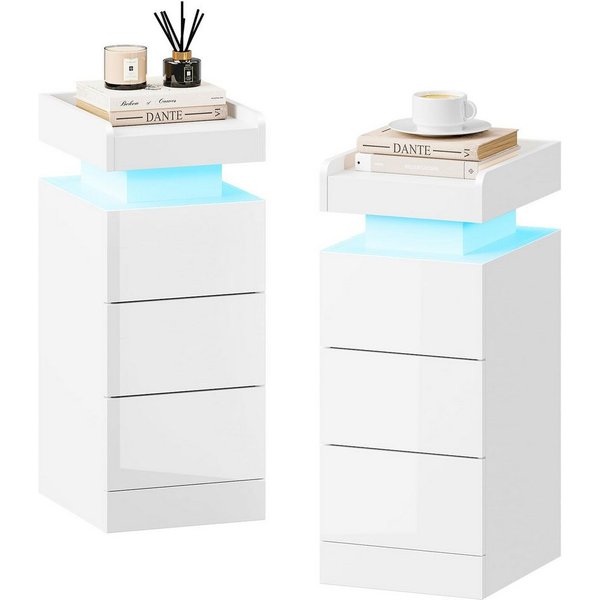 Dripex Nachttisch Nachttisch schmal 3 Schubladen, RGB LED, Beistelltisch Schwarz (2-St), Aus hochwertigen Spanplatten und MDF-Platten gefertigt