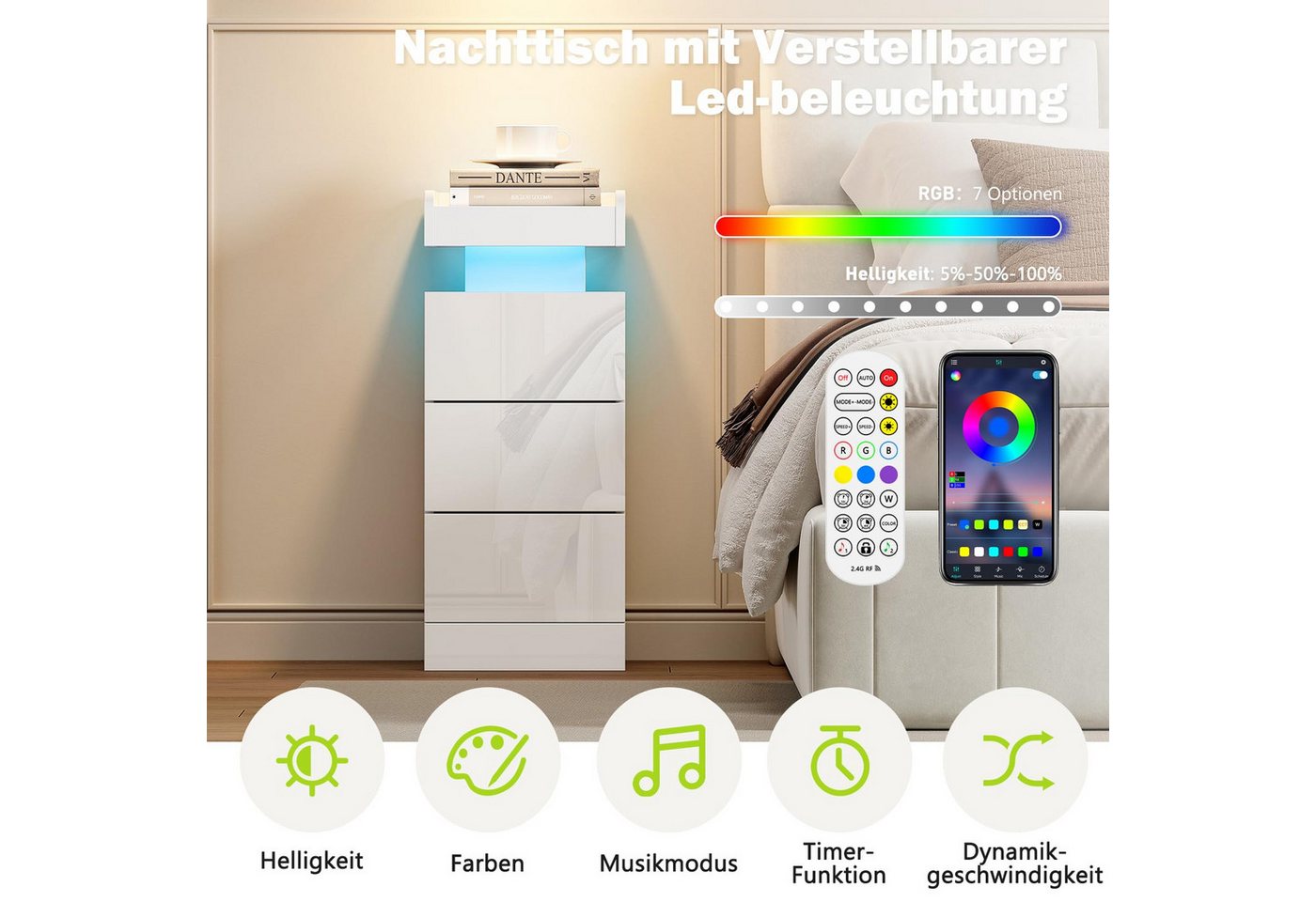 Dripex Nachttisch Nachttisch schmal 3 Schubladen, RGB LED, Beistelltisch Schwarz (2-St), Aus hochwertigen Spanplatten und MDF-Platten gefertigt – Bild 4 von 5