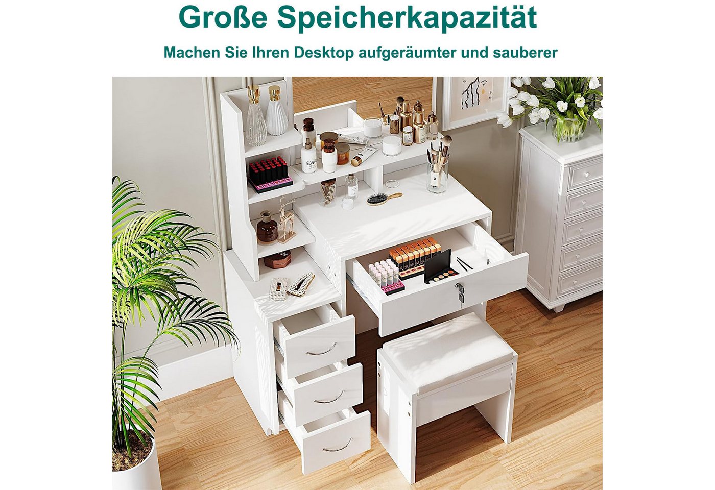 Dripex Schminktisch mit Hocker Kosmetiktisch mit Schubladen B87 x T40 x H144 cm weiß – Bild 2 von 5