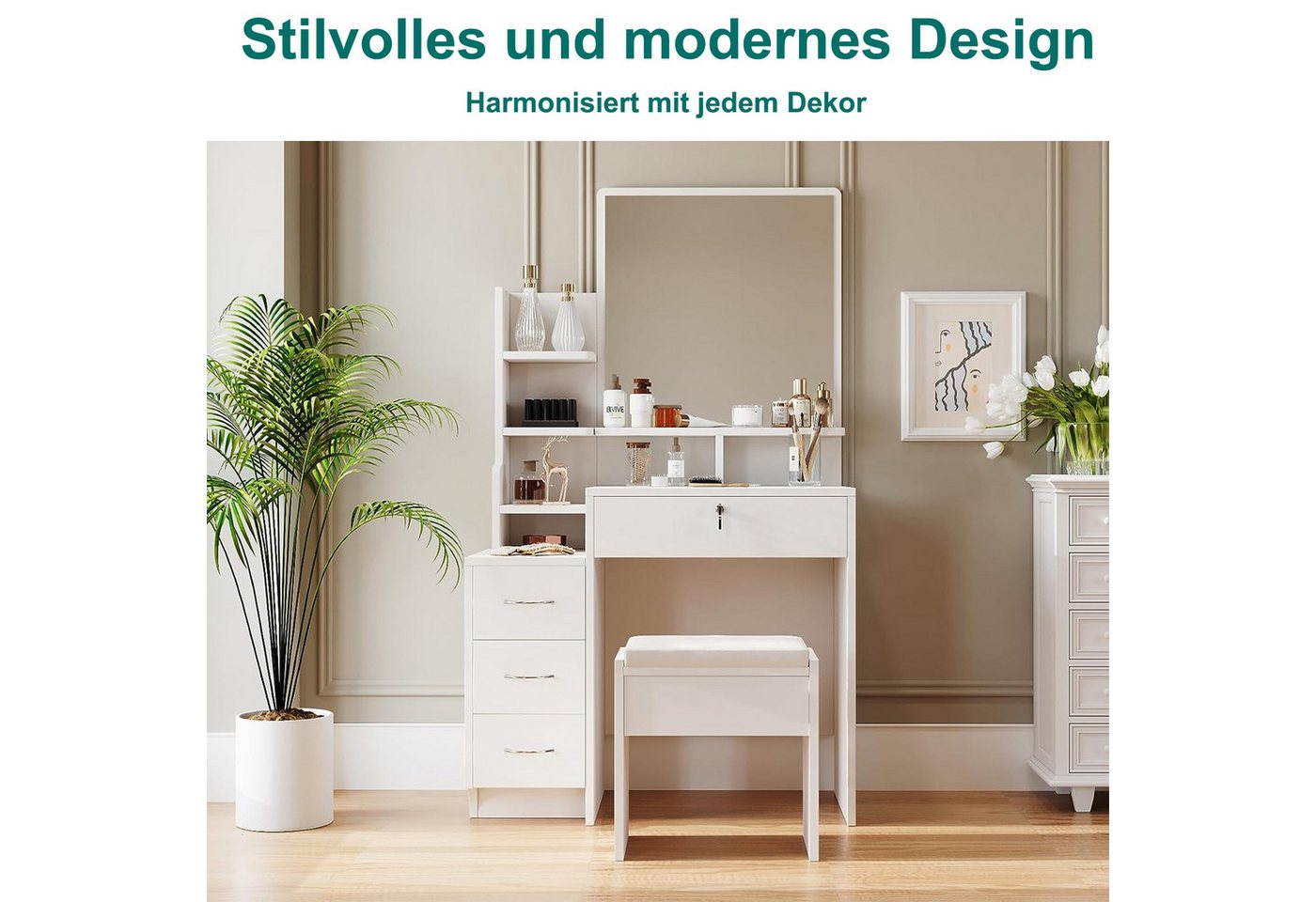 Dripex Schminktisch mit Hocker Kosmetiktisch mit Schubladen B87 x T40 x H144 cm weiß – Bild 3 von 5