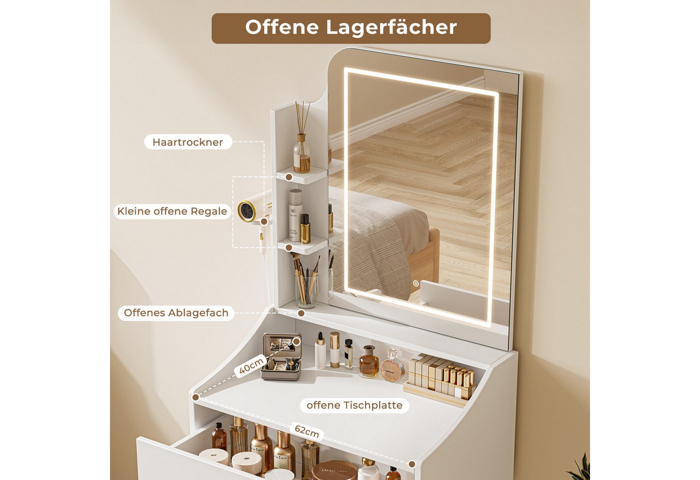 Dripex Schminktisch Schminktisch mit LED-Beleuchtung, Kosmetiktisch mit Hocker und Spiegel, Hocker mit Stauraum – Bild 4 von 5