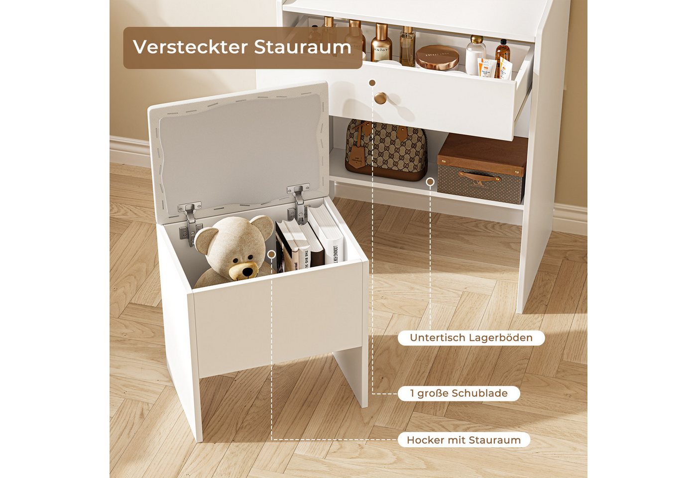 Dripex Schminktisch Schminktisch mit LED-Beleuchtung, Kosmetiktisch mit Hocker und Spiegel, Hocker mit Stauraum – Bild 5 von 5