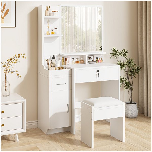 Dripex Schminktisch mit Spiegel, Hocker und Schubladen, Weiß, 87 x 38,3 x 141,5 cm, Mit seitlichem Stauraum