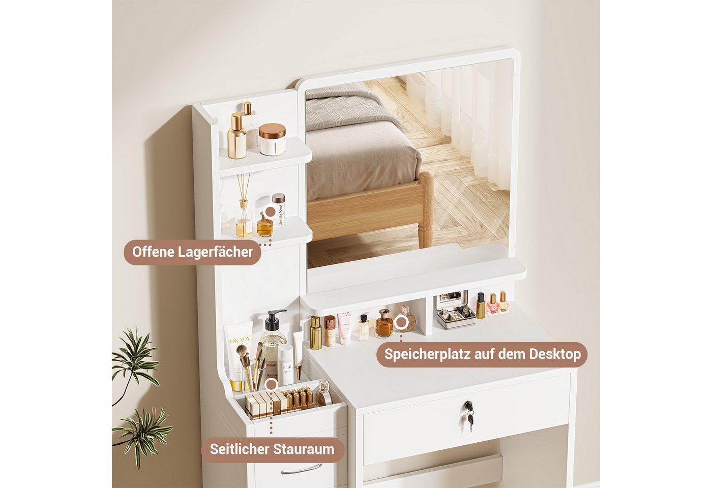 Dripex Schminktisch mit Spiegel, Hocker und Schubladen, Weiß, 87 x 38,3 x 141,5 cm, Mit seitlichem Stauraum – Bild 2 von 5