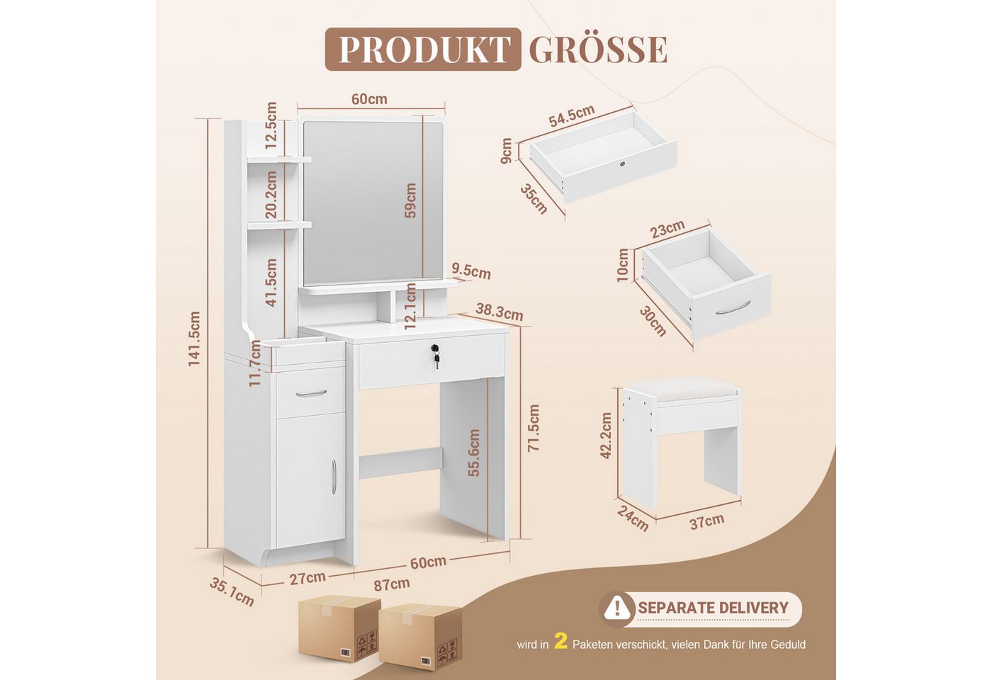 Dripex Schminktisch mit Spiegel, Hocker und Schubladen, Weiß, 87 x 38,3 x 141,5 cm, Mit seitlichem Stauraum – Bild 4 von 5