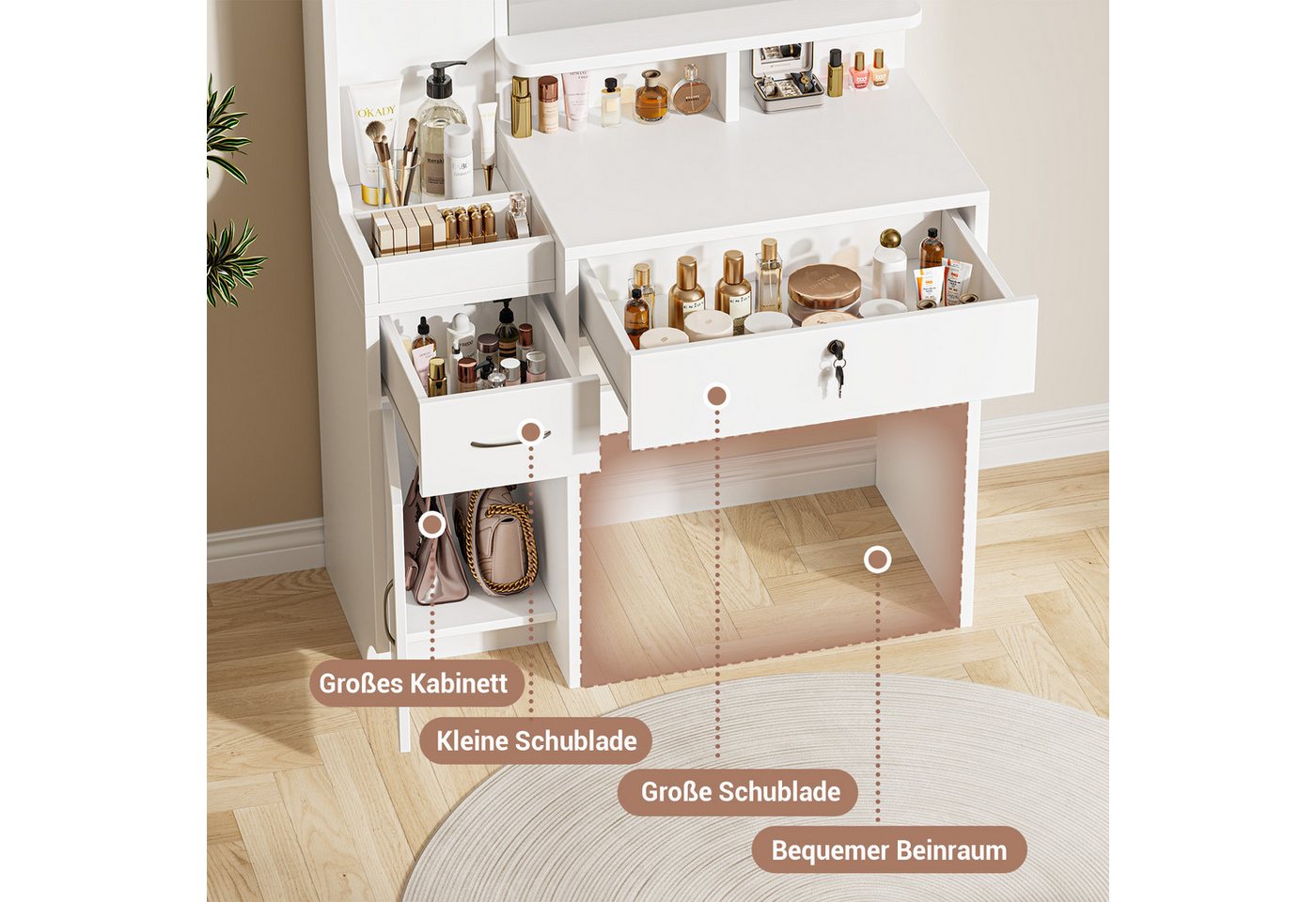 Dripex Schminktisch mit Spiegel, Hocker und Schubladen, Weiß, 87 x 38,3 x 141,5 cm, Mit seitlichem Stauraum – Bild 5 von 5