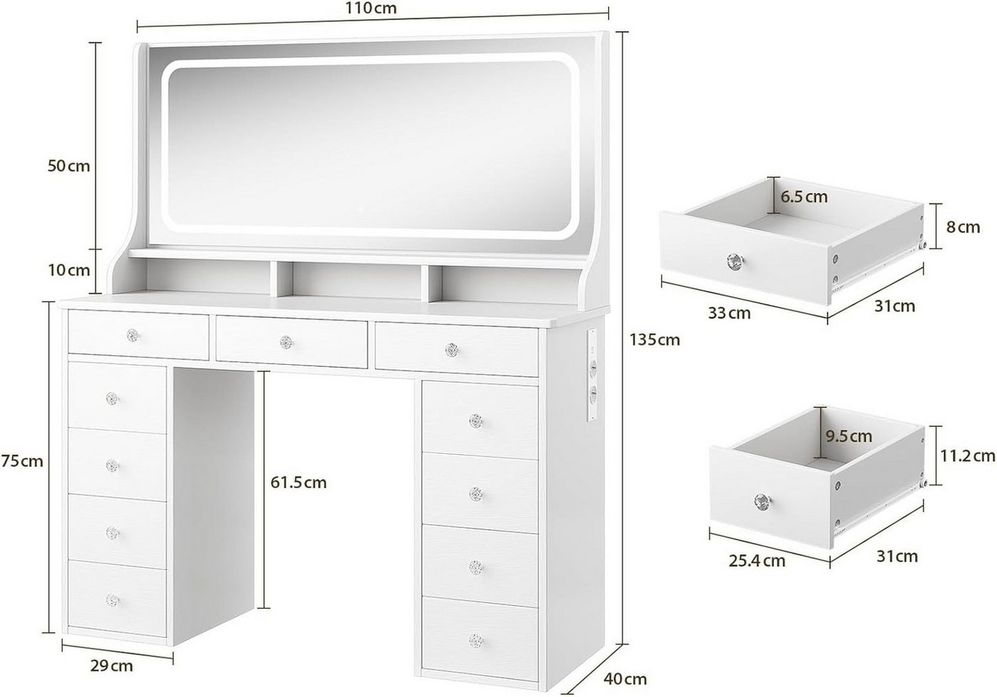 Dripex Schminktisch Schminktisch mit Spiegel, LED und Schubladen, weiß/braun – Bild 2 von 5