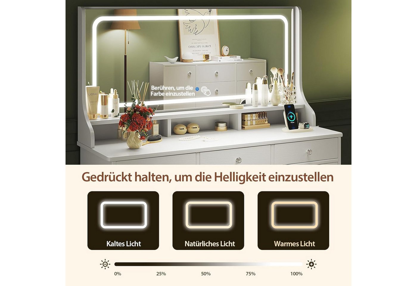Dripex Schminktisch Schminktisch mit Spiegel, LED und Schubladen, weiß/braun – Bild 3 von 5