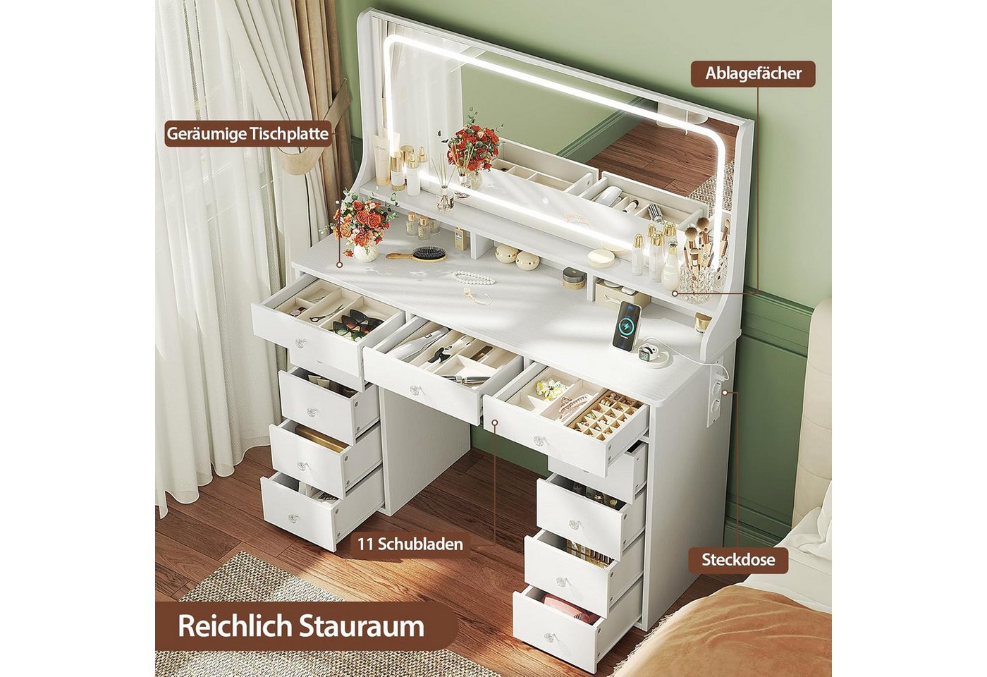 Dripex Schminktisch Schminktisch mit Spiegel, LED und Schubladen, weiß/braun – Bild 4 von 5