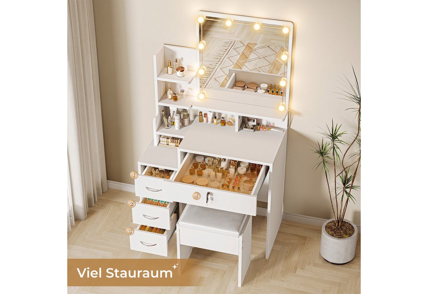 Dripex Schminktisch Weiß mit LED und Hocker, 4 Schubladen 10 dimmbare LED-Glühbirnen (144Hx40Tx87B cm) – Bild 2 von 5