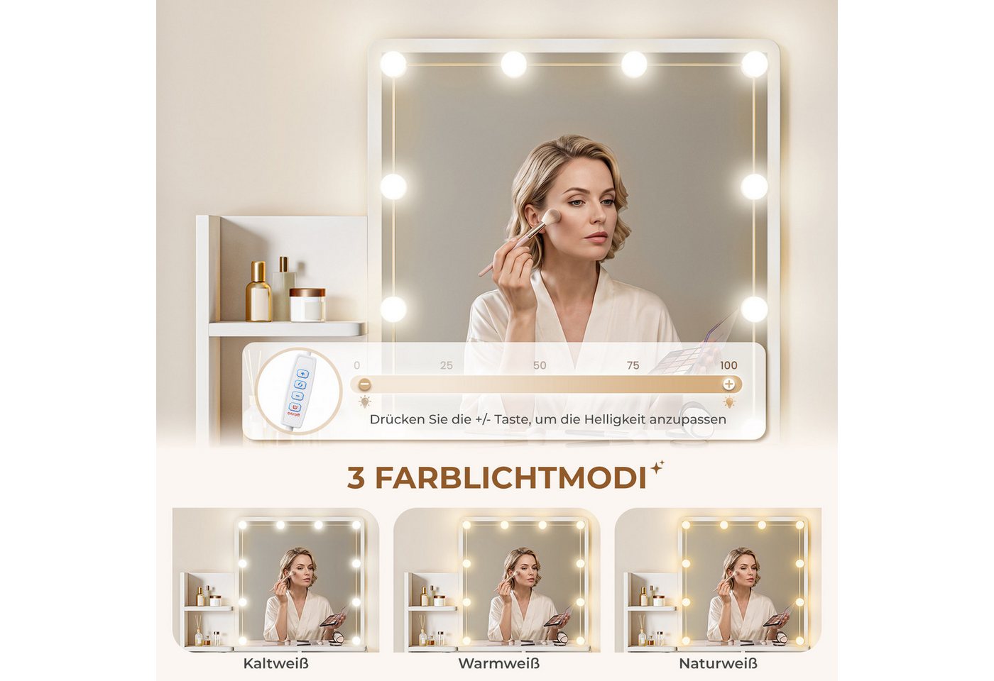 Dripex Schminktisch Weiß mit LED und Hocker, 4 Schubladen 10 dimmbare LED-Glühbirnen (144Hx40Tx87B cm) – Bild 3 von 5