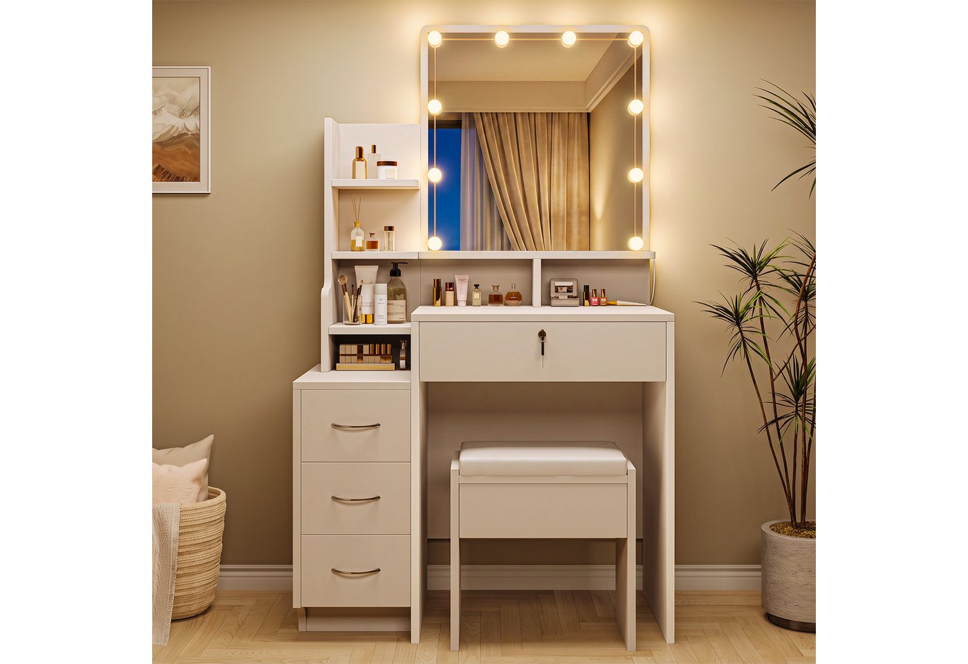 Dripex Schminktisch Weiß mit LED und Hocker, 4 Schubladen 10 dimmbare LED-Glühbirnen (144Hx40Tx87B cm) – Bild 5 von 5