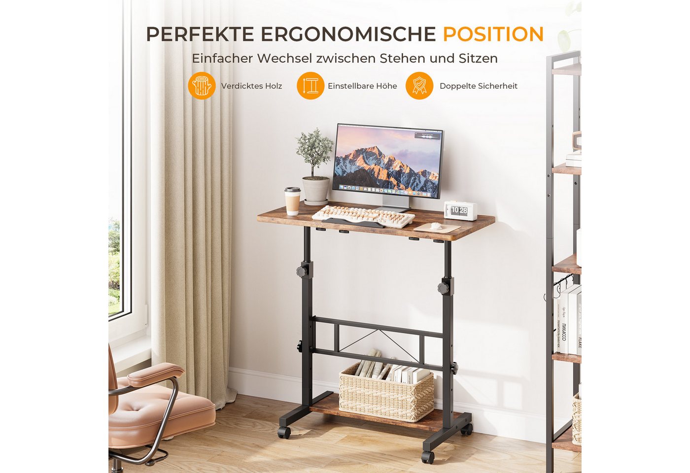 Dripex Schreibtisch höhenverstellbar 80x40cm, mit Rollen und neigbar Tischplatte – Bild 2 von 5