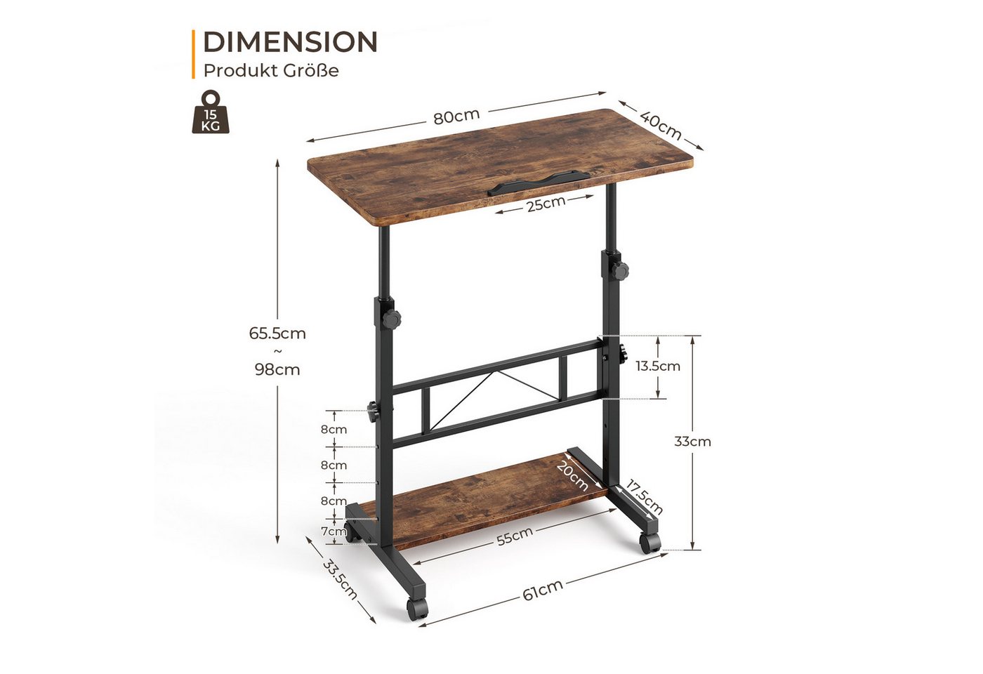 Dripex Schreibtisch höhenverstellbar 80x40cm, mit Rollen und neigbar Tischplatte – Bild 3 von 5