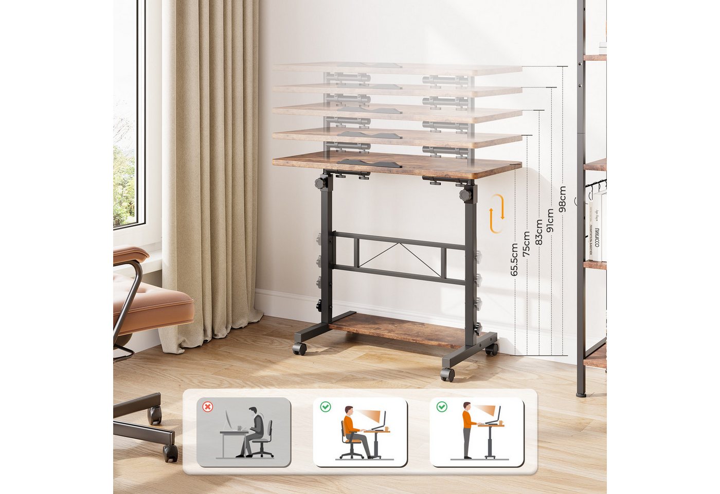 Dripex Schreibtisch höhenverstellbar 80x40cm, mit Rollen und neigbar Tischplatte – Bild 4 von 5