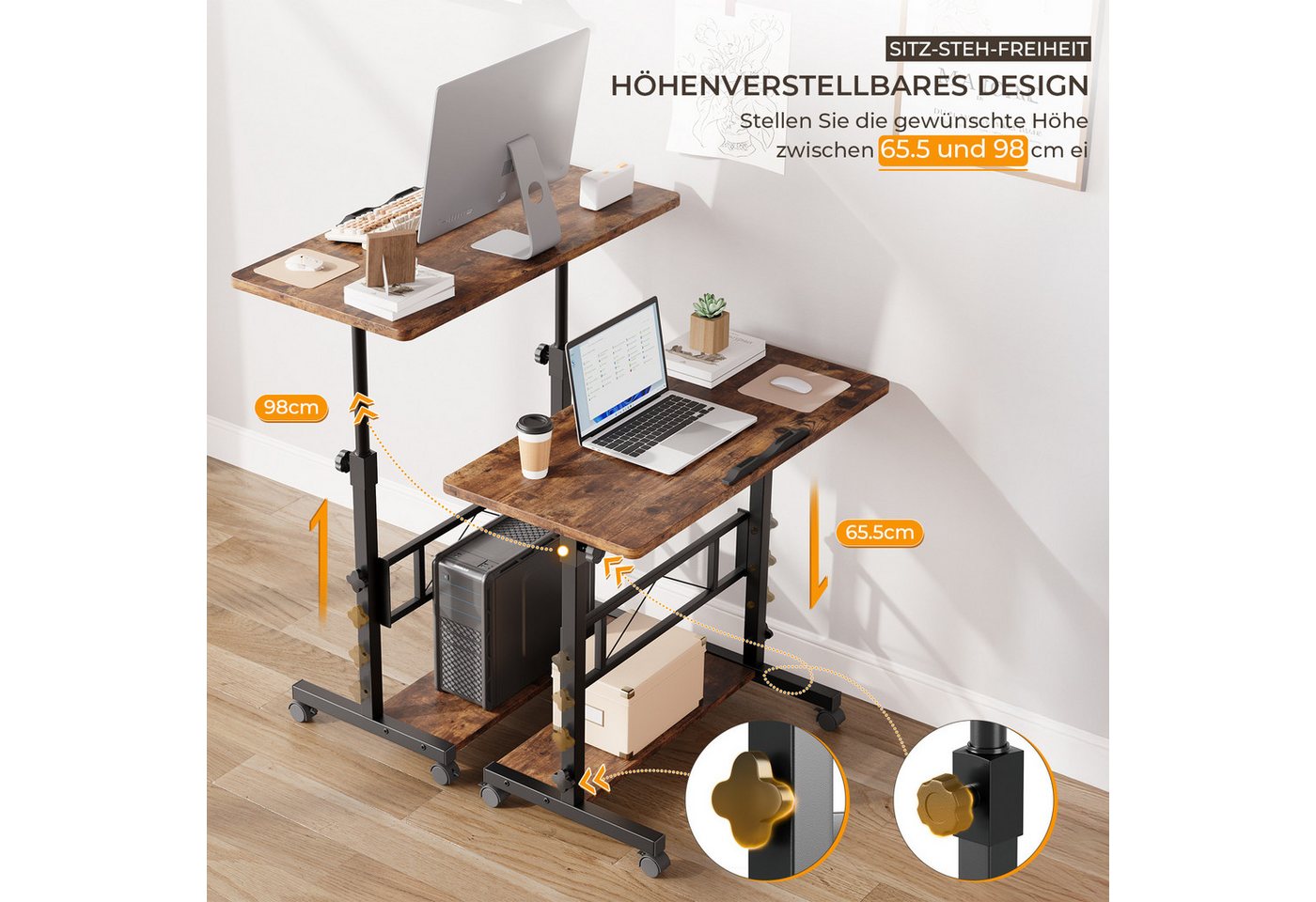 Dripex Schreibtisch höhenverstellbar 80x40cm, mit Rollen und neigbar Tischplatte – Bild 5 von 5