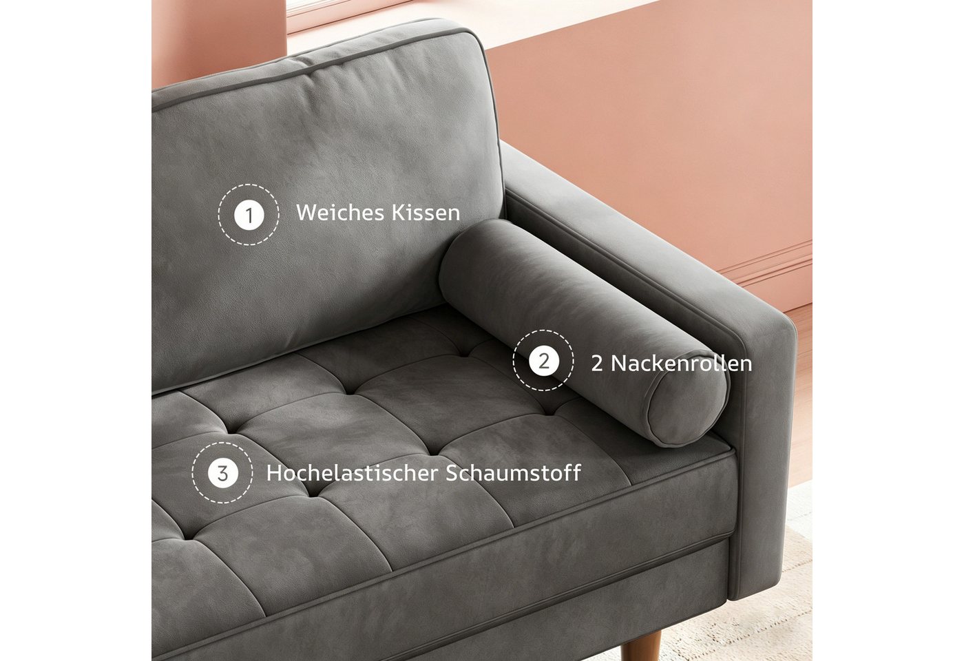 Dripex Sofa 121 cm kleines 2-Sitzer-Sofa aus Samt – bequeme Couch – Bild 2 von 5