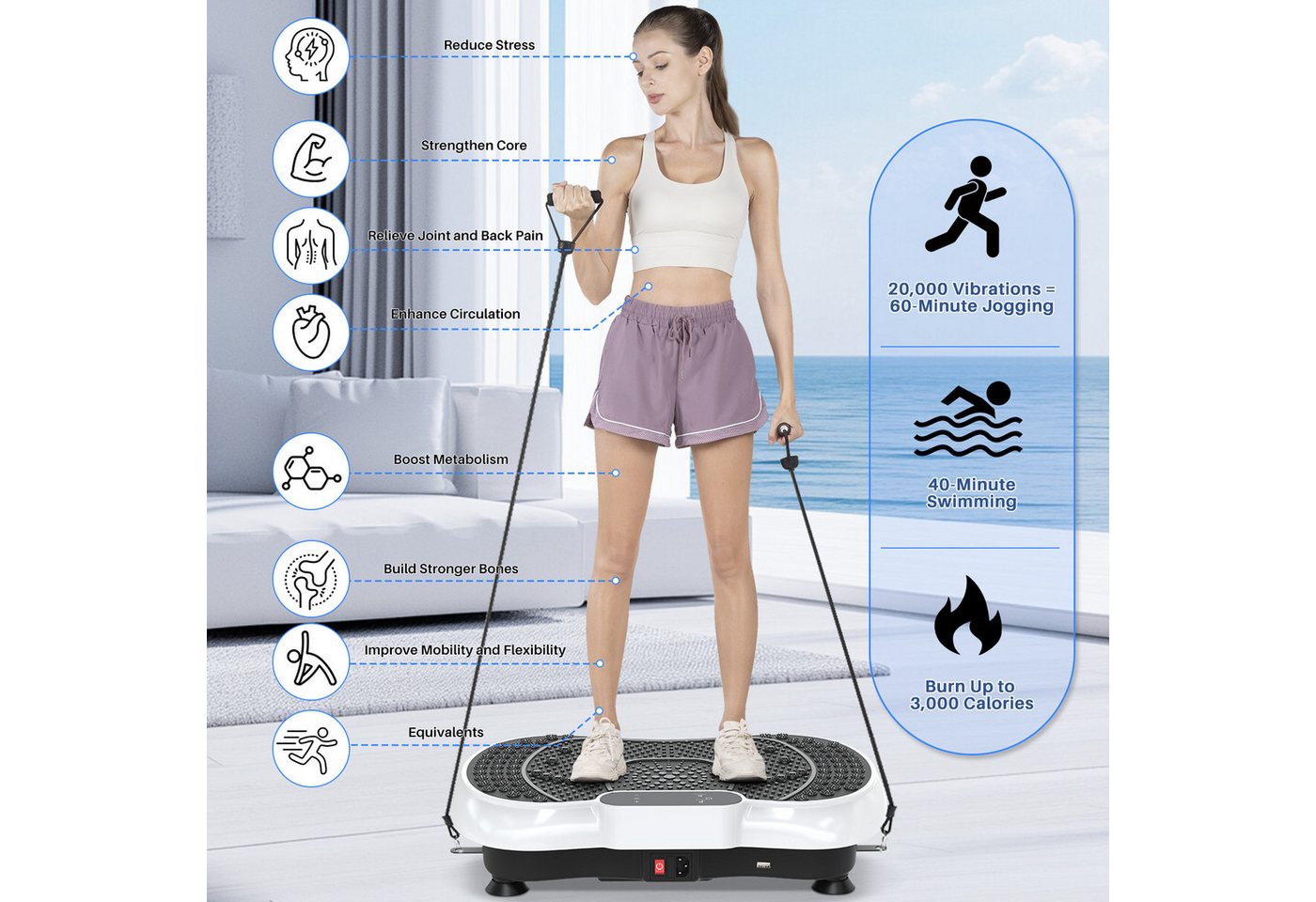 Dskeuzeew Vibrationsplatte Vibrationsplatten mit leiser Motor + Bluetooth, 99 Intensitätsstufen, (Packung, inkl. Trainingsbänder), Ganzkörpertraining, Fett verl – Bild 5 von 5