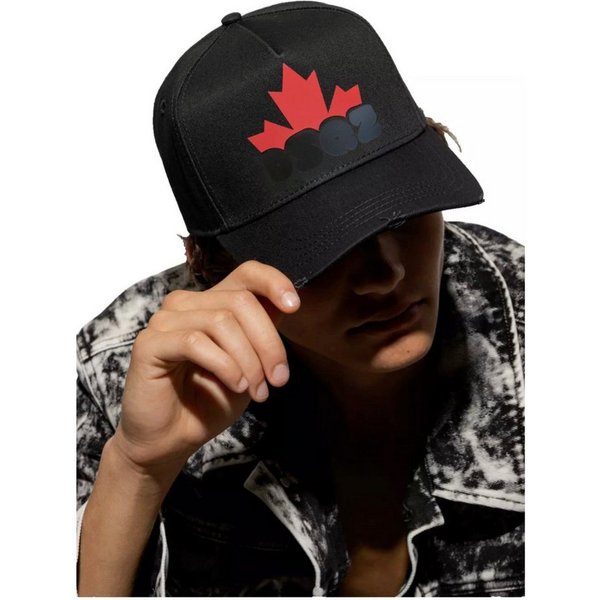 Dsquared2 Baseball Cap Baseball Kappe Black Maple Leaf DSQ2 Logo Verstellbarer Riemen, abgenutztes Vintage-Finish