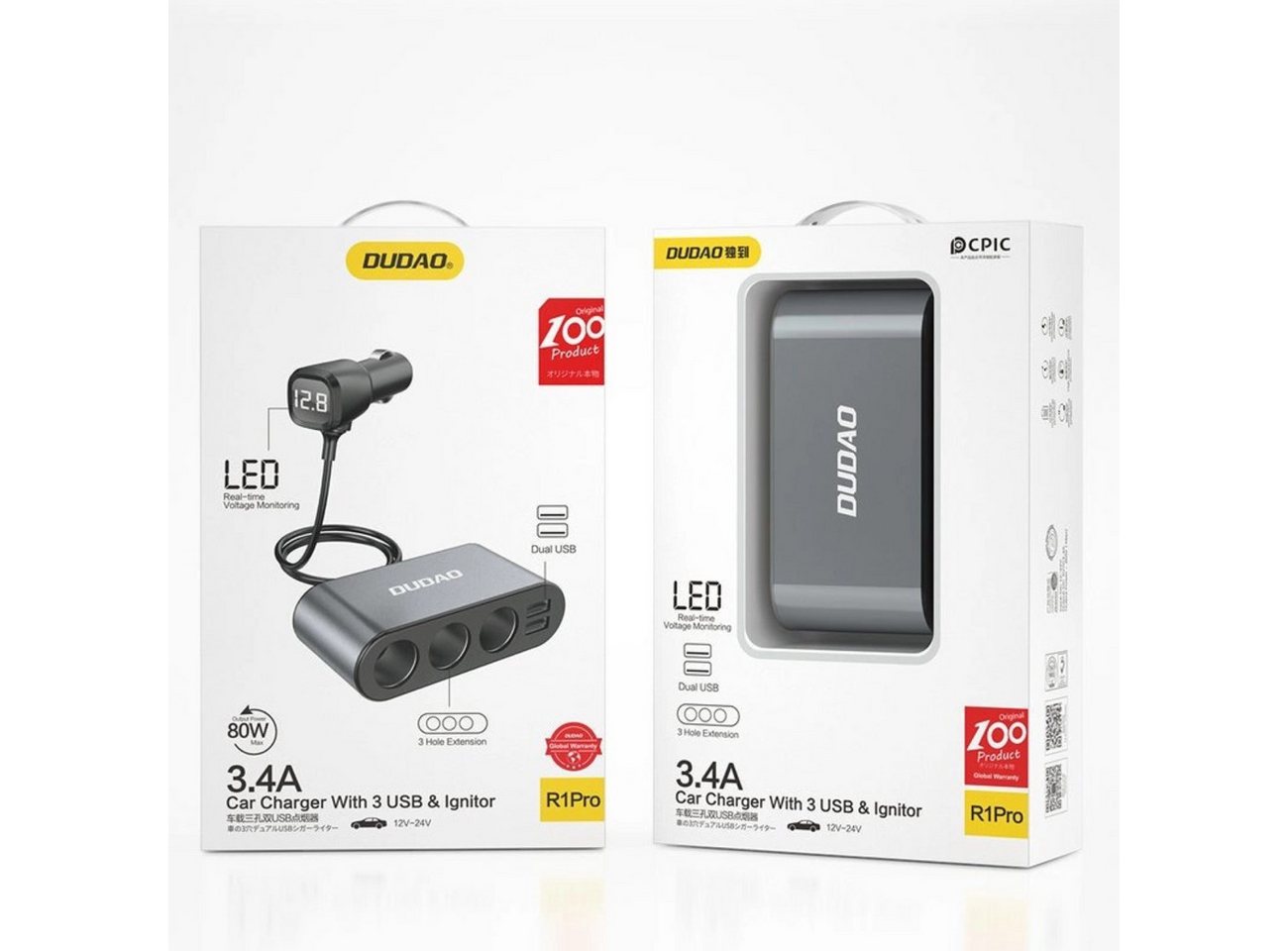 Dudao Zigarettenanzünder-Verteiler Autoladegerät 2x USB / 3x Zigarettenanzünder-Splitter (R1Pro schwarz) – Bild 5 von 5