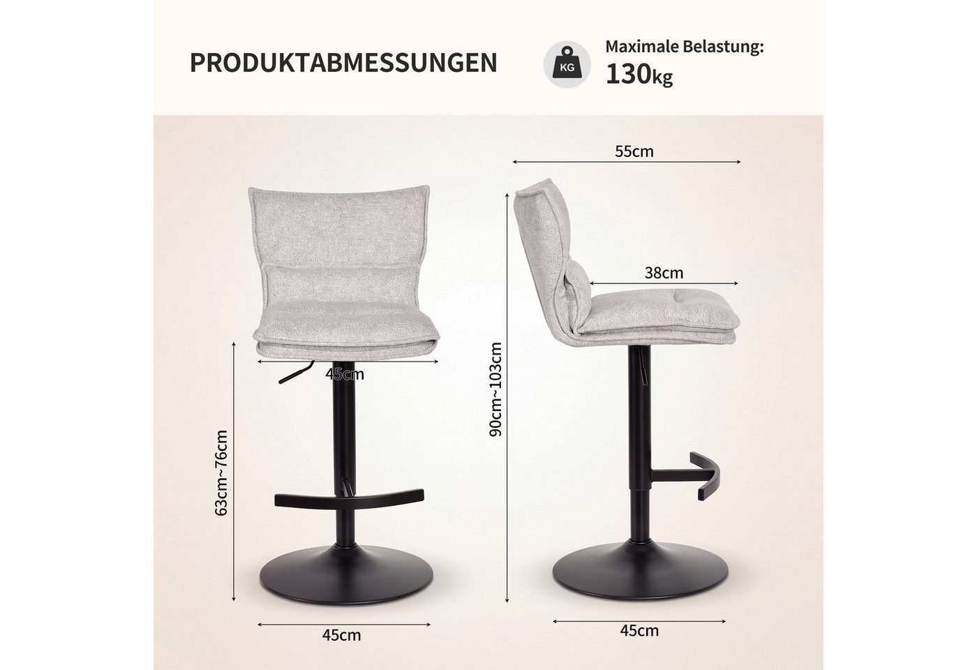 Duhome Barhocker (5501A1), 2er Set, Barstuhl Drehbar aus Bouclé – Bild 4 von 5