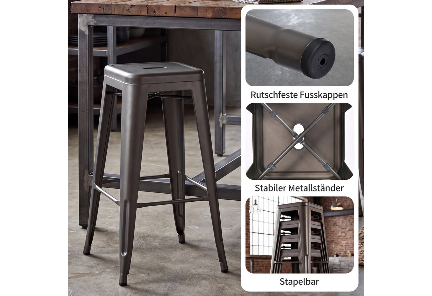 Duhome Barhocker (665D), Barstuhl Tresenhocker, Stapelbar Metall Bistrohocker mit Fußstütze – Bild 5 von 5