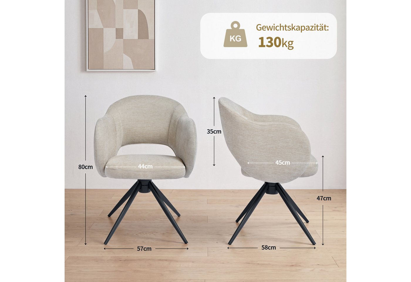 Duhome Esszimmerstuhl (9-235F), 2er Set Esszimmerstühle 180° drehbar mit Rückholautomatik, Chenille – Bild 2 von 5