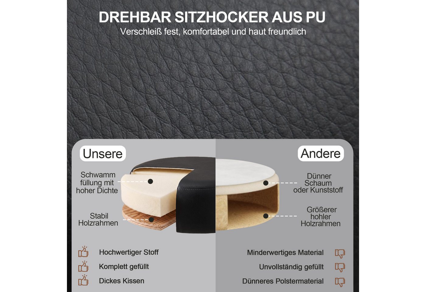Duhome Hocker (428), Drehhocker Sitzhocker Rund Rollhocker Schminkhocker Höhenverstellbar – Bild 4 von 5